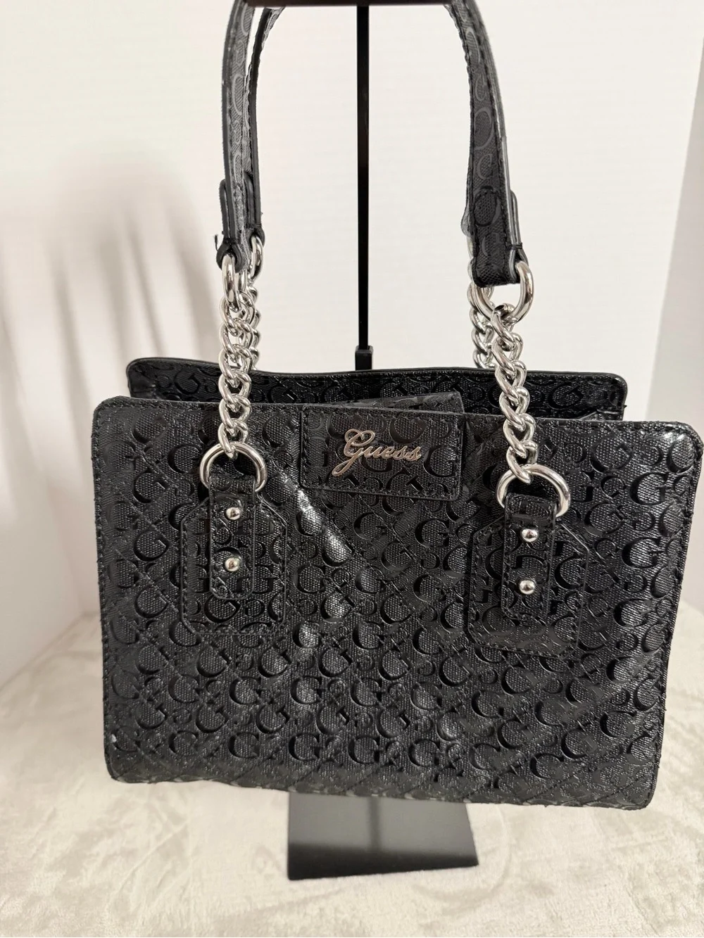 GUESS Black Signature Tote Bag with Chain Handles